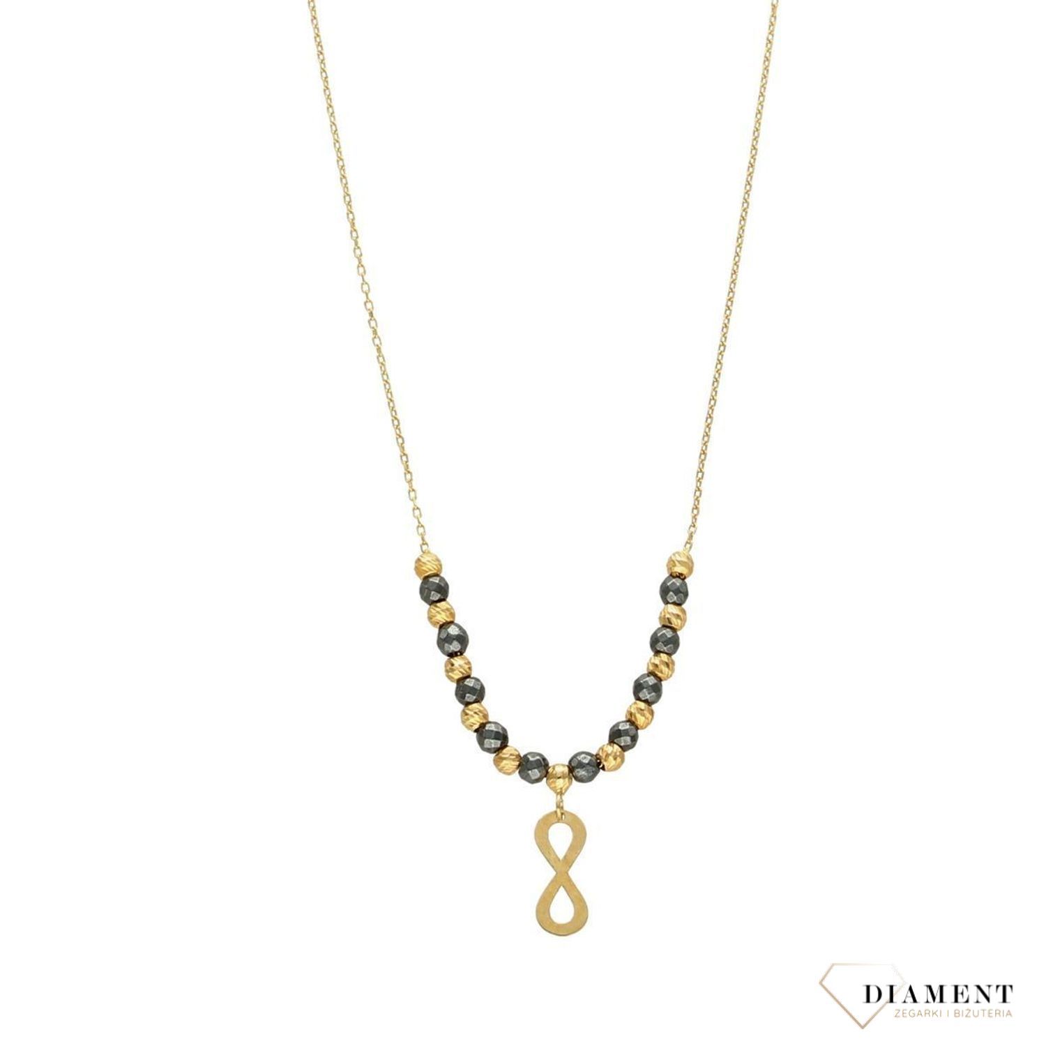 Złoty naszyjnik celebrytka 585 czarne i złote kuleczki, znak nieskończoności.jpg